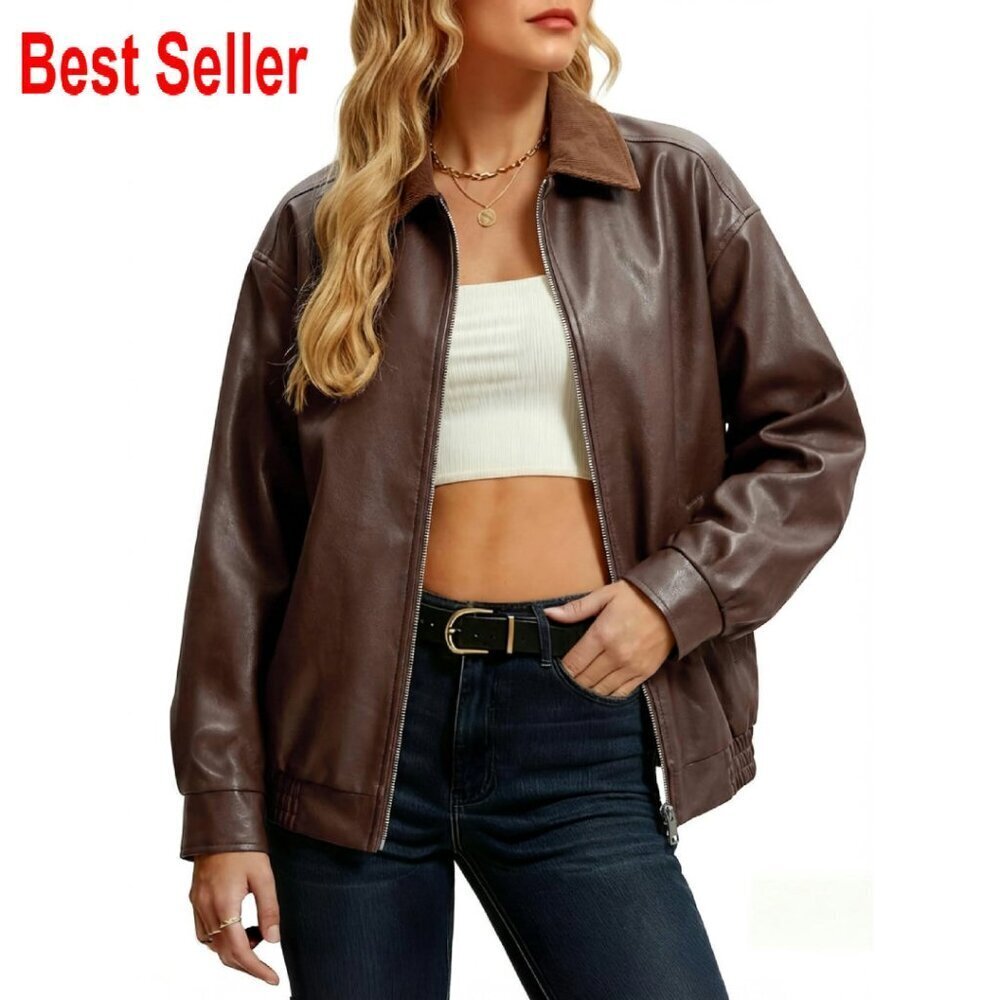 Faux Leather Motorcycle Jacket Oversized Retro Chic Fall Winter Bomber - Picture 1 of 8